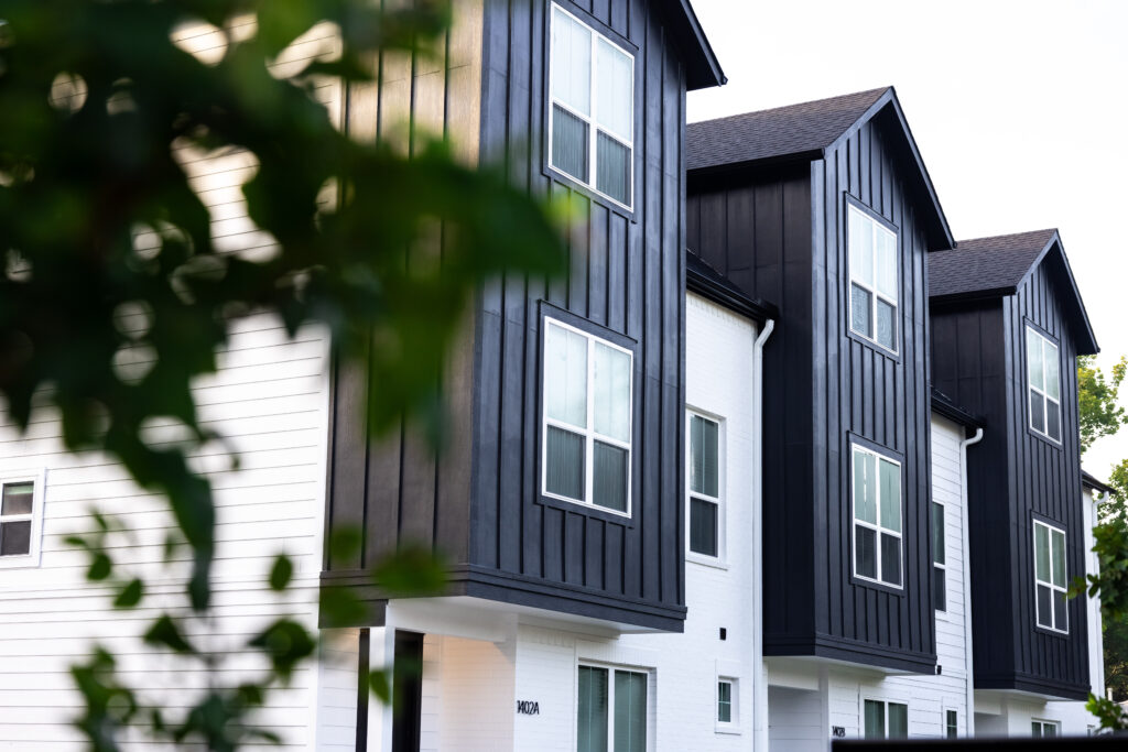 up close shot of a black and white townhome