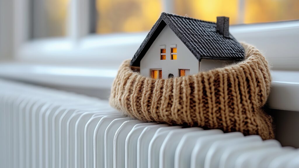 Closeup of a small model house wrapped in a warm woolen scarf