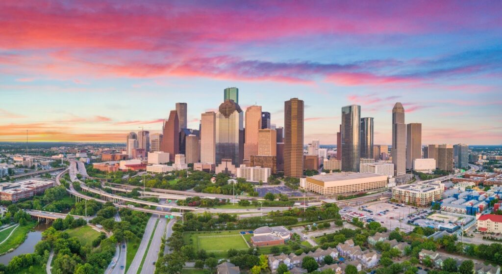 vista del centro de houston al atardecer